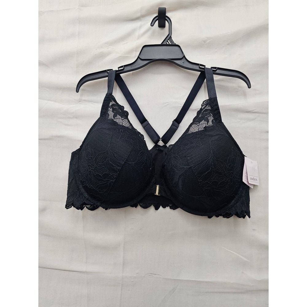Auden Womens Lace Front Close Push Up Plunge Bra Black Nylon Blend Size 42DD